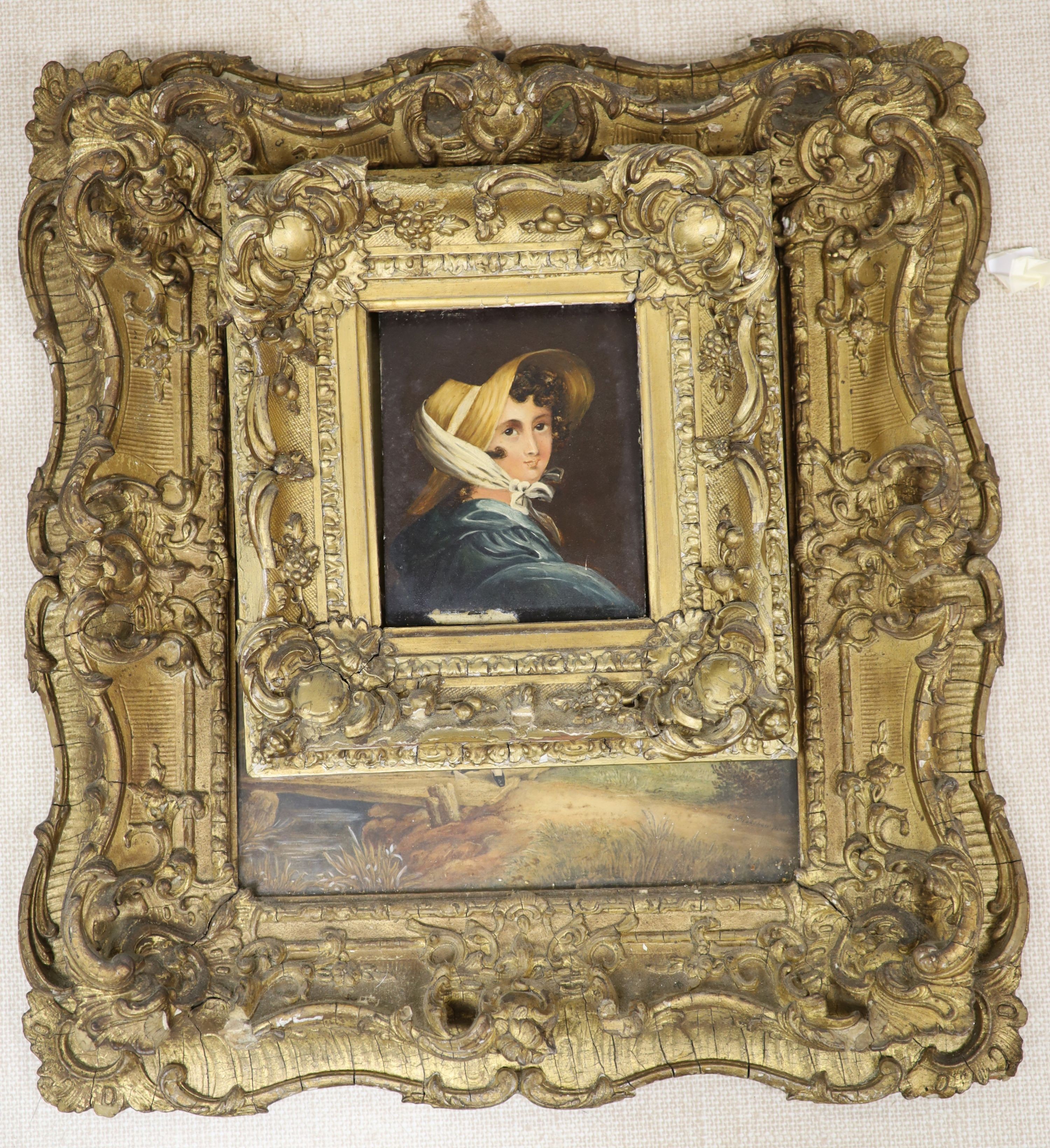 19th century English School, oil on wooden panel, Portrait of a young woman wearing a bonnet, 17 x 14cm, and one other picture of a girl by a bridge